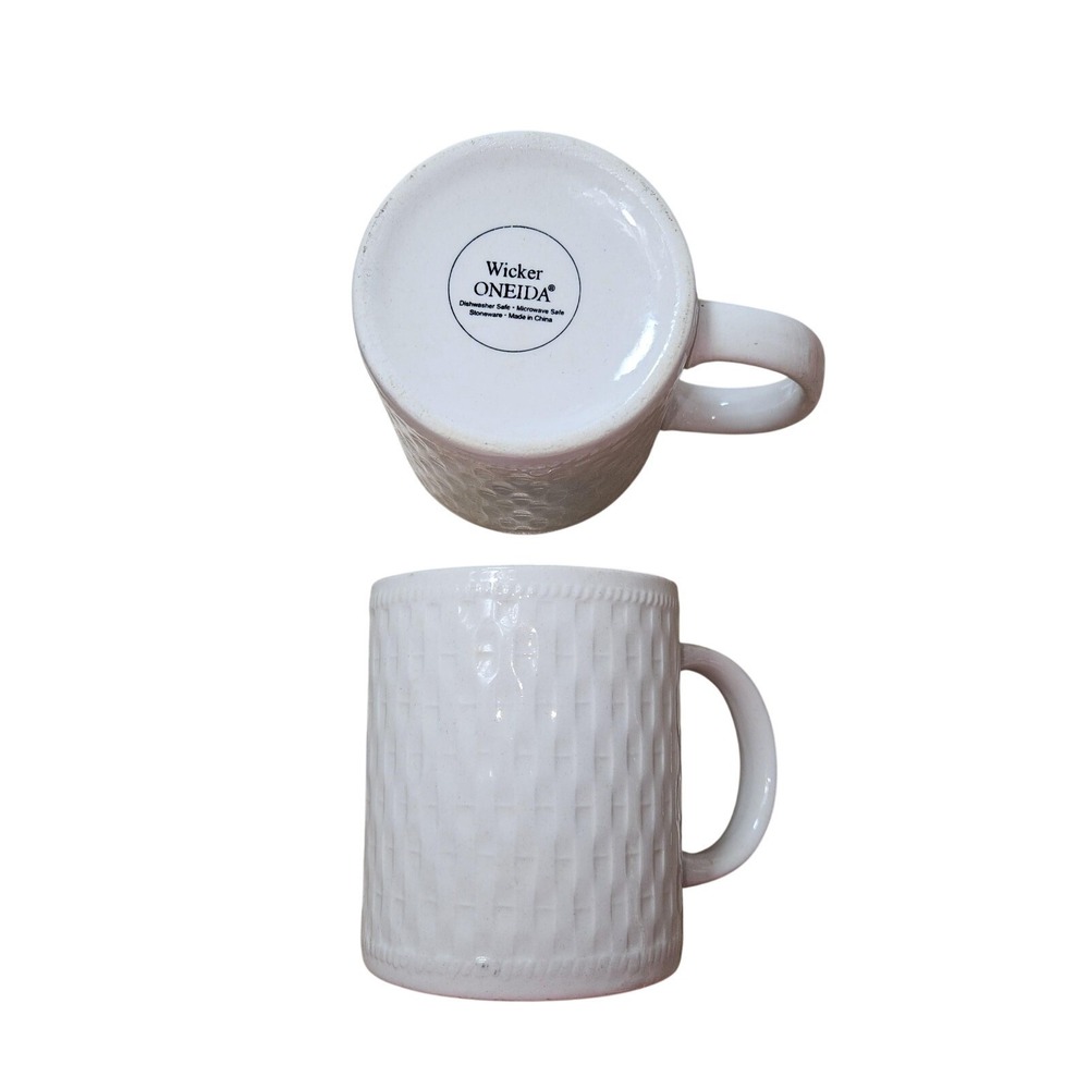 VTG Oneida Wicker White‎ Stoneware Coffee Mugs 2Pc Textured Cups Dishwasher Safe